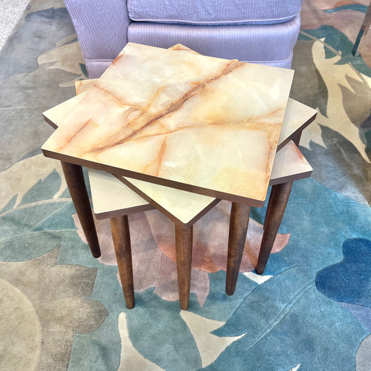 Set of 3 Mid Century Faux Marble and Walnut Stacking Side Tables