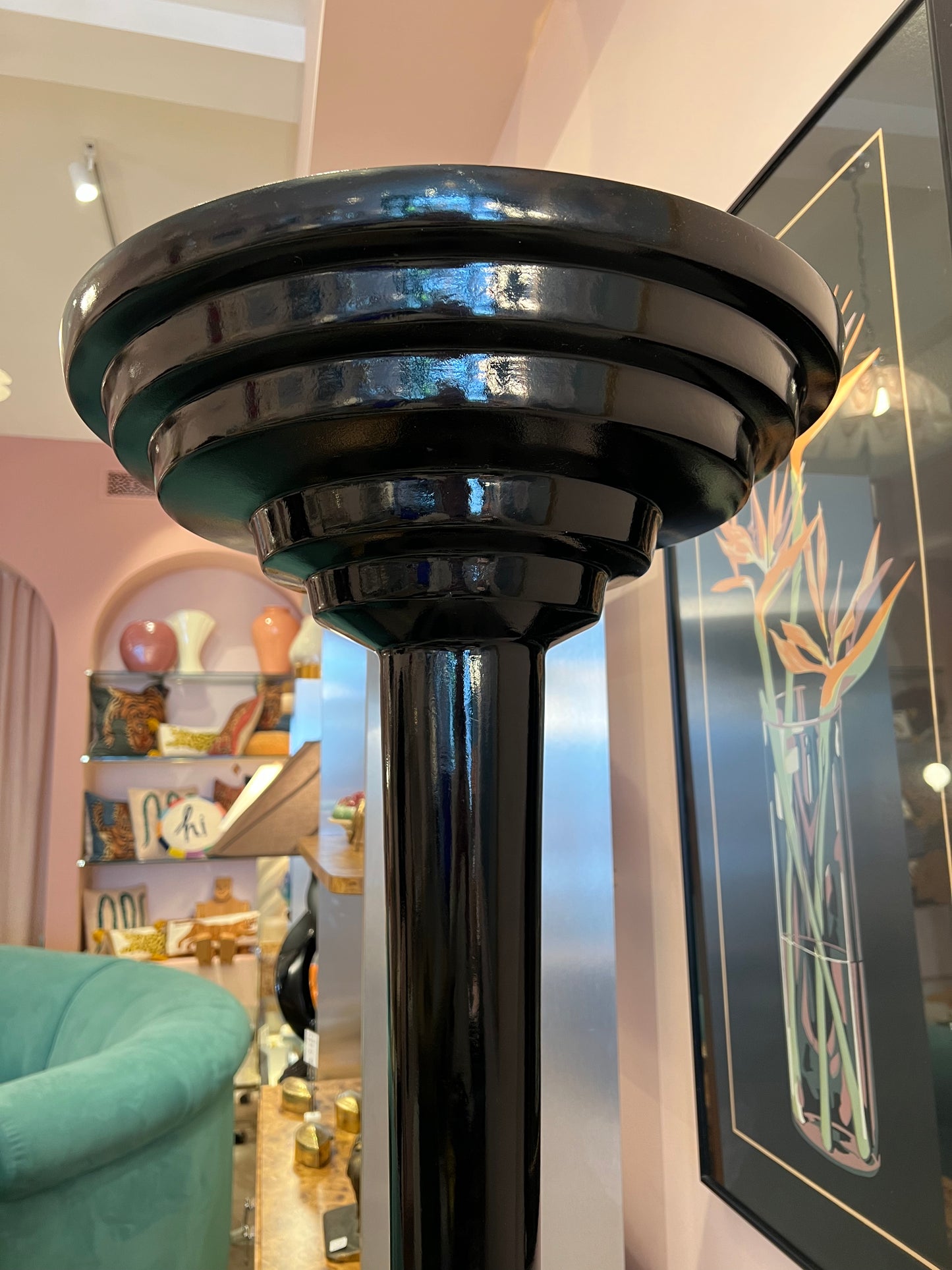 *ON HOLD. 1980's Black Art Deco Style Stepped Torchiere Floor Lamp