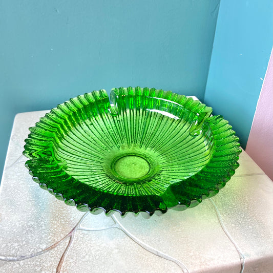 Large 1960’s Green Glass Ashtray By Blenko