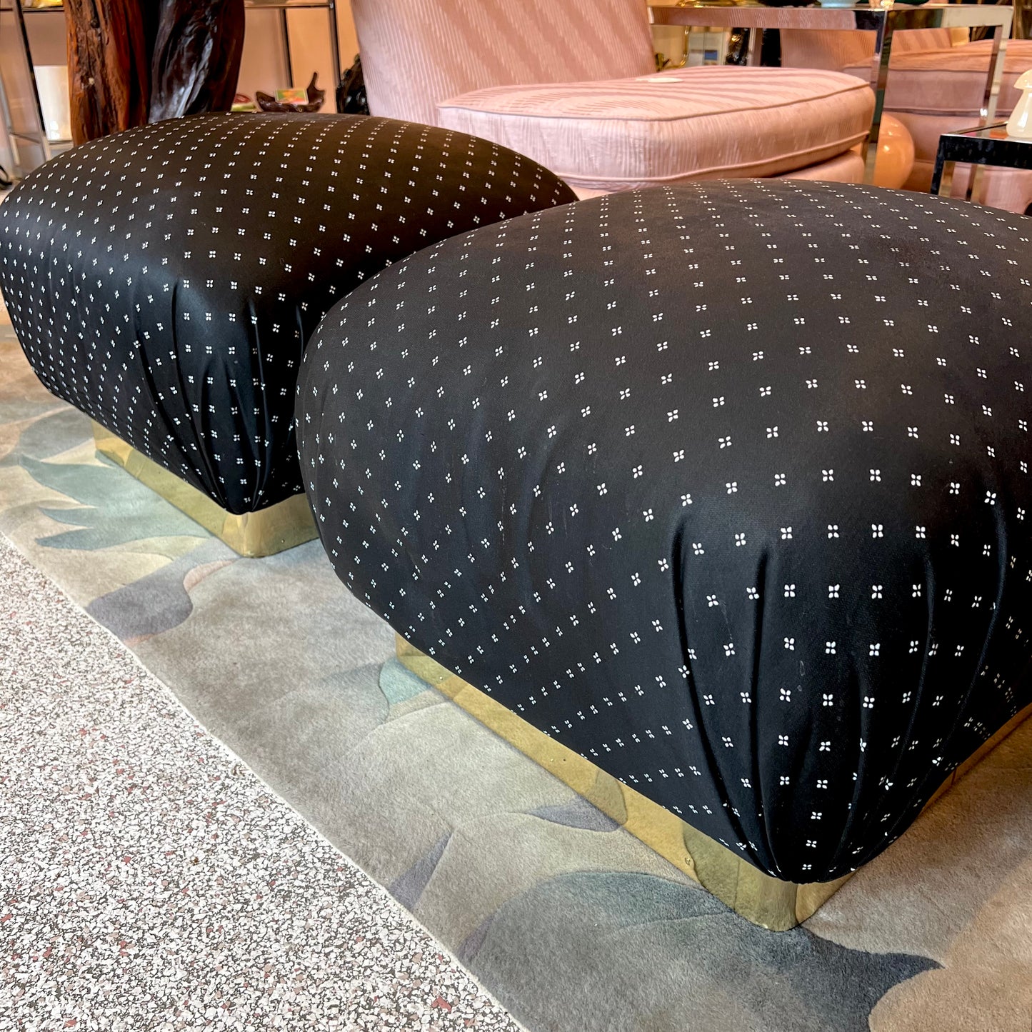 Vintage Pair of Marge Carson Style Black and White Ottoman with Brass Base