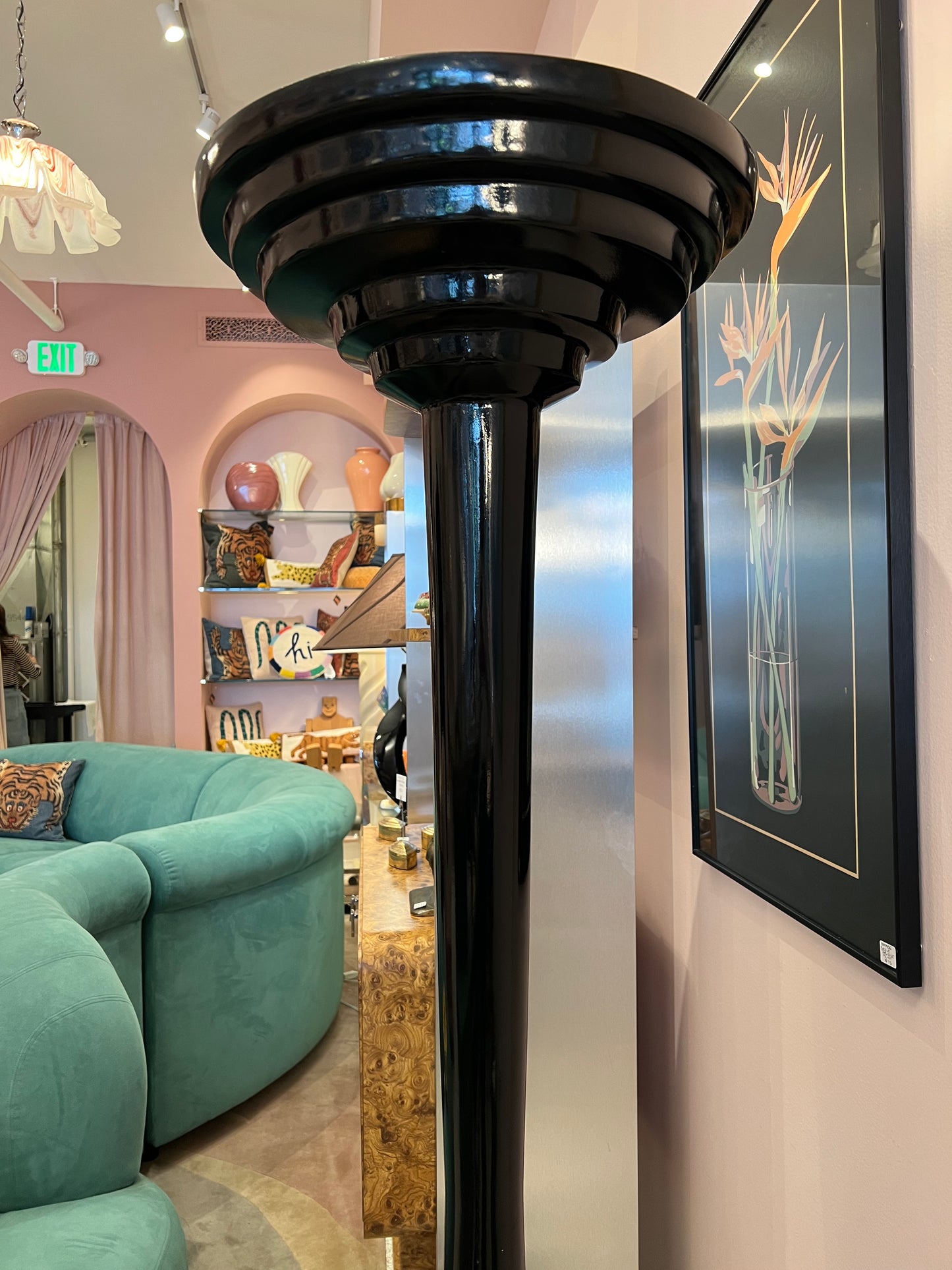 1980's Black Art Deco Style Stepped Torchiere Floor Lamp