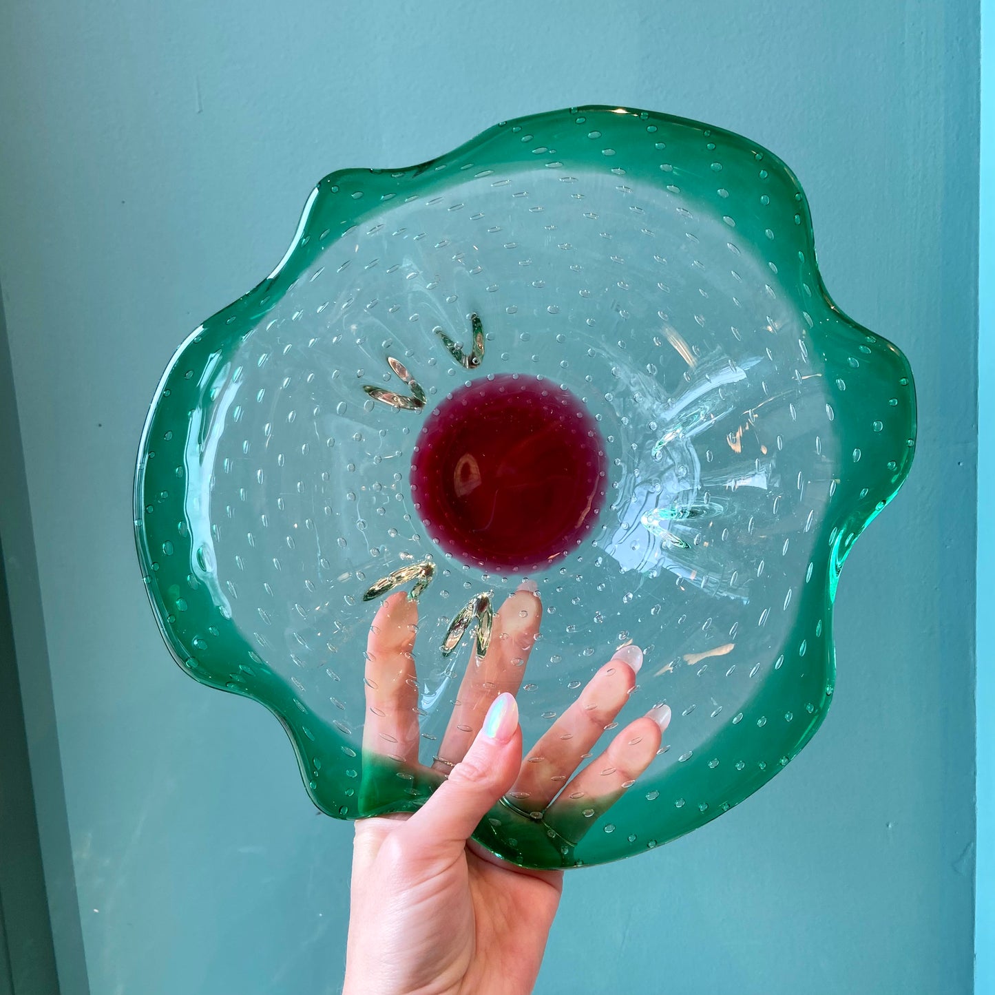 Vintage Green and Crimson Biomorphic Bullicante Glass Dish