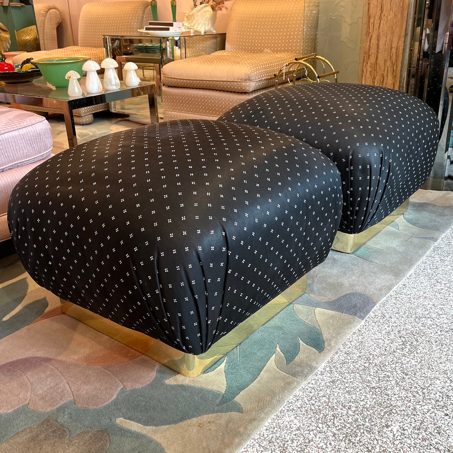 Vintage Pair of Marge Carson Style Black and White Ottoman with Brass Base