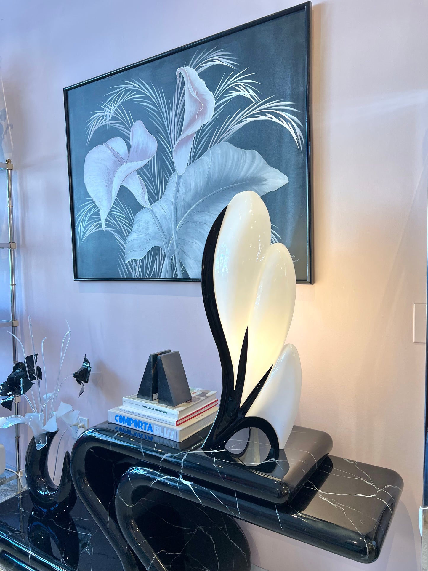 1980’s Black and White Large Postmodern Flower Lamp by Rougier