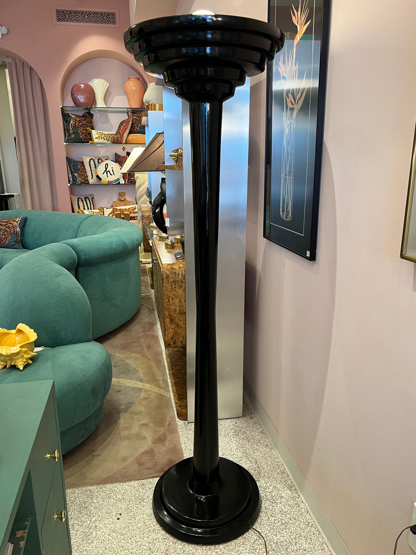 1980's Black Art Deco Style Stepped Torchiere Floor Lamp