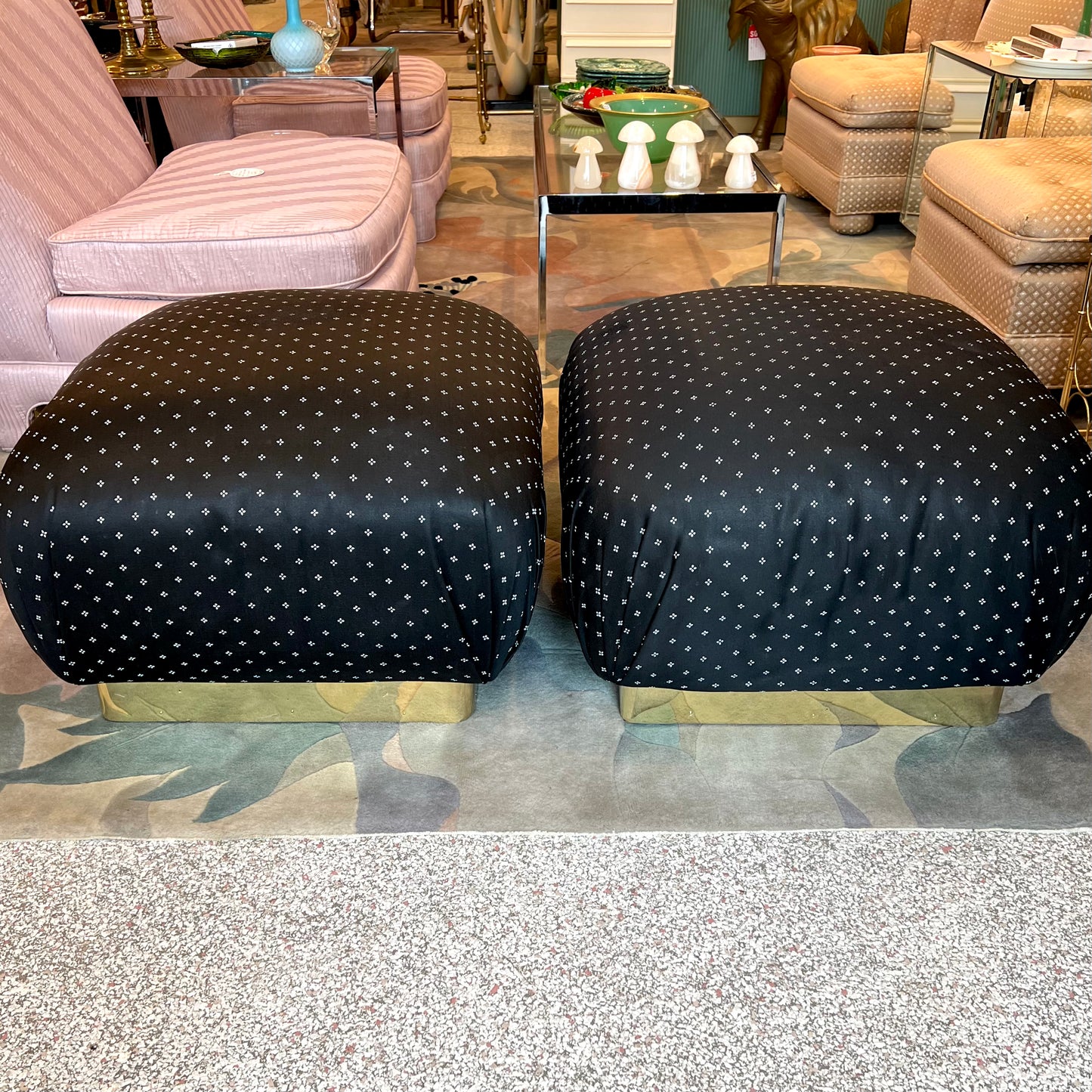 Vintage Pair of Marge Carson Style Black and White Ottoman with Brass Base