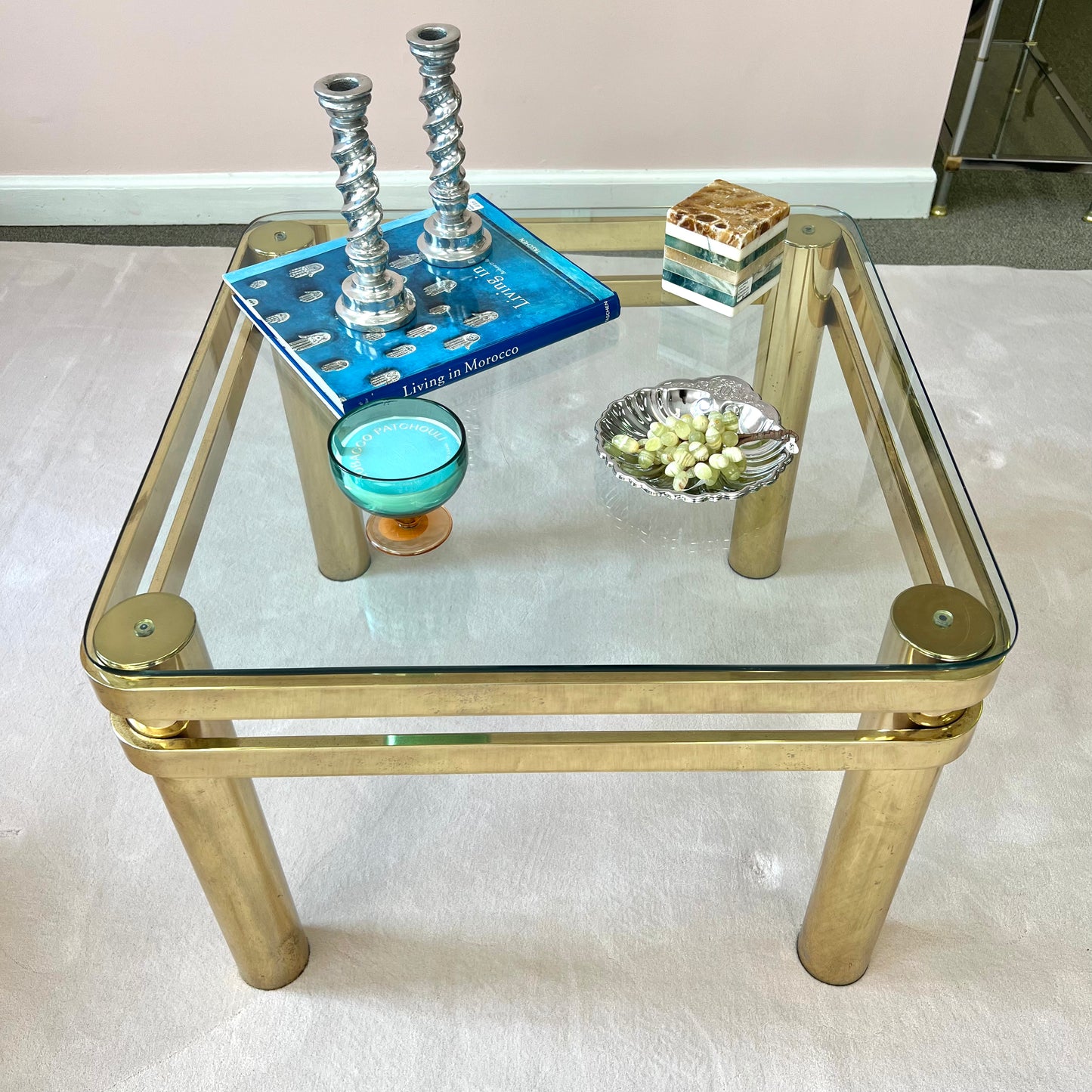 Vintage Brass and Glass Square Side Table
