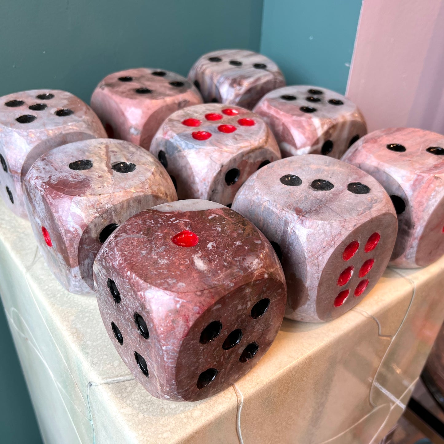 Pair of Large 3" Pink and Grey Marble Dice