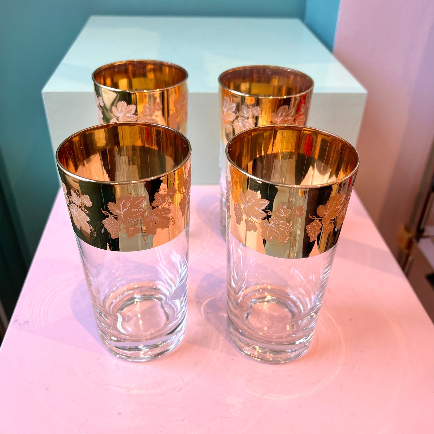 Mid Century Cera Style Gold Grape and Vine Leaf Highball Glasses