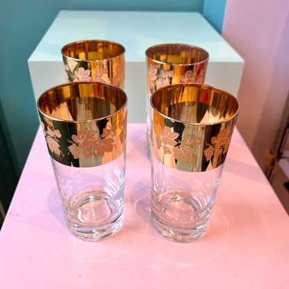 Mid Century Cera Style Gold Grape and Vine Leaf Highball Glasses