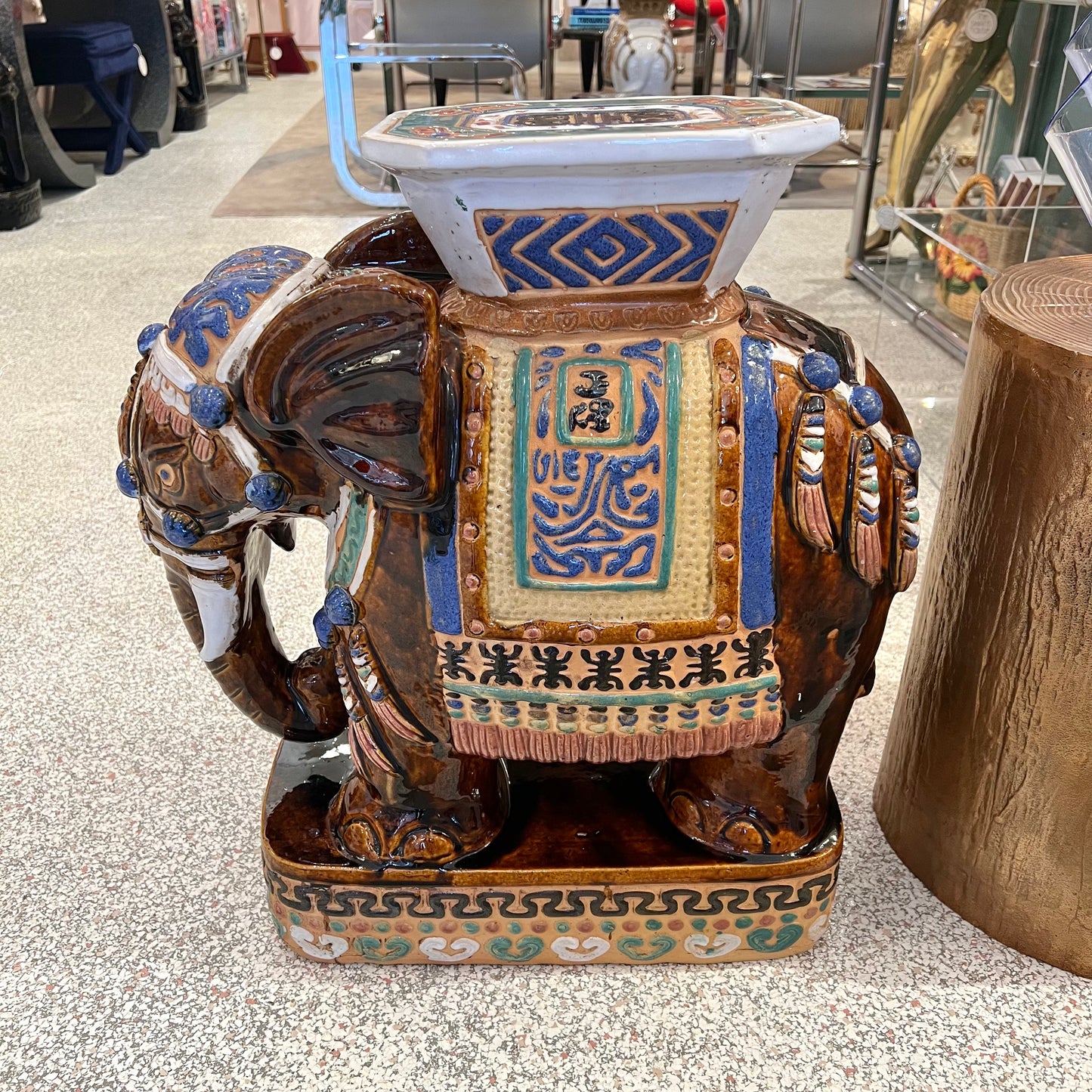 Vintage Hand Painted Terracotta Asian Elephant Plant Stand