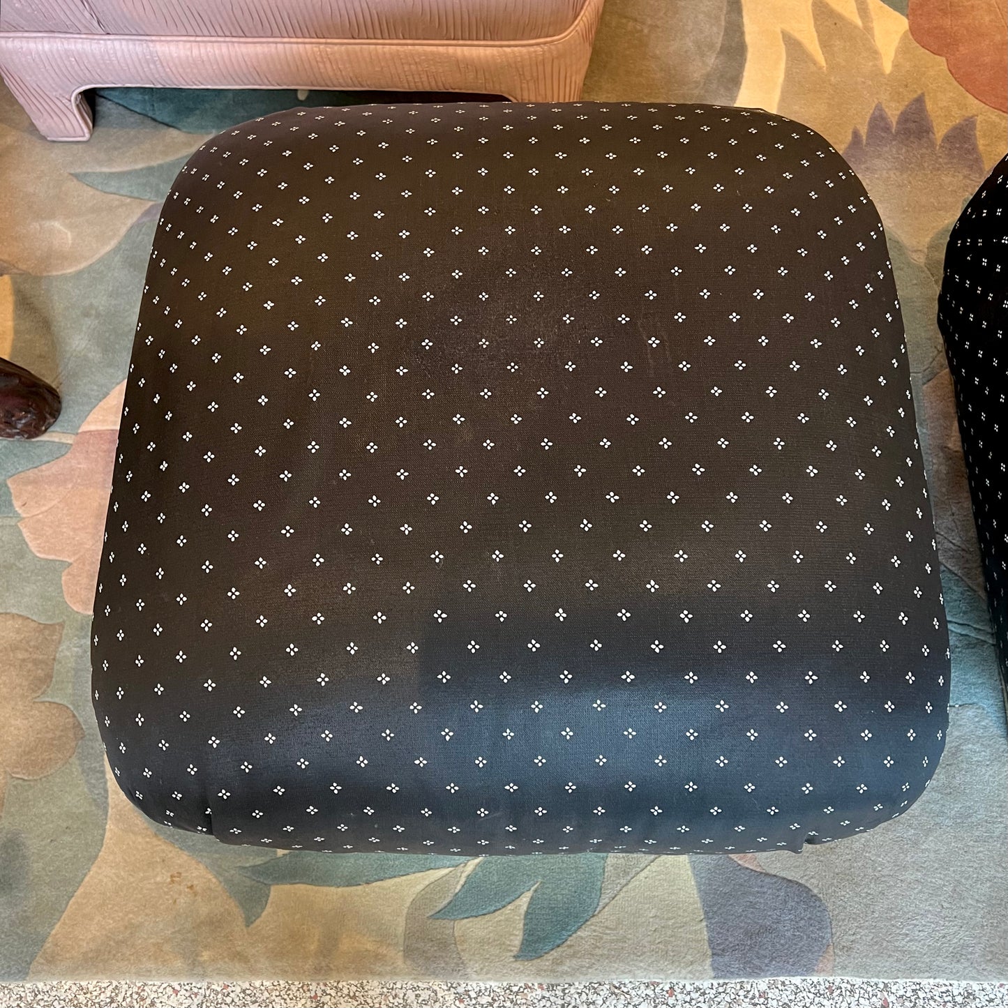 Vintage Pair of Marge Carson Style Black and White Ottoman with Brass Base