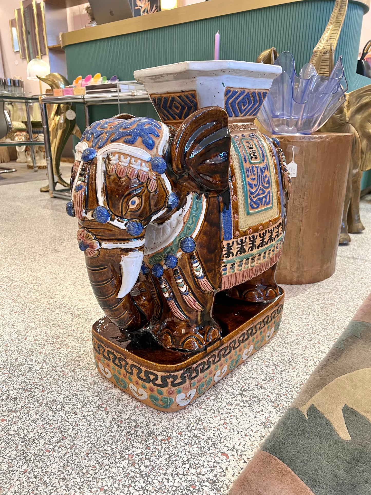 Vintage Hand Painted Terracotta Asian Elephant Plant Stand