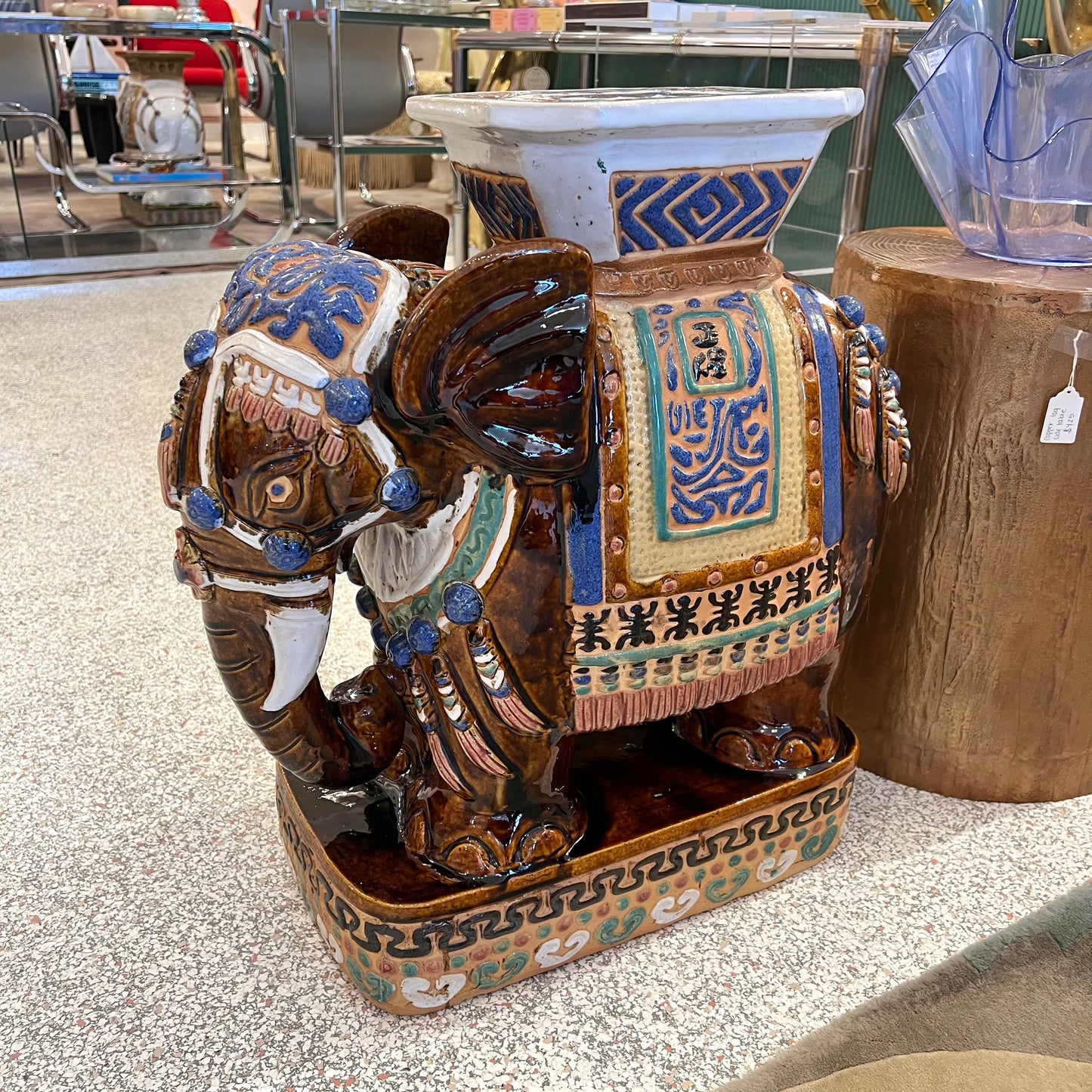 Vintage Hand Painted Terracotta Asian Elephant Plant Stand