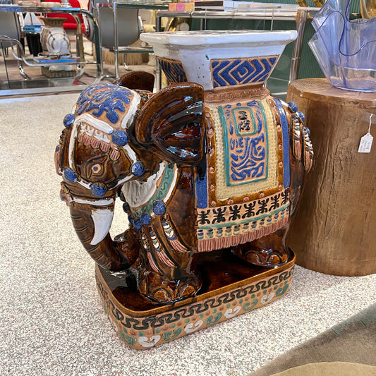 Vintage Hand Painted Terracotta Asian Elephant Plant Stand