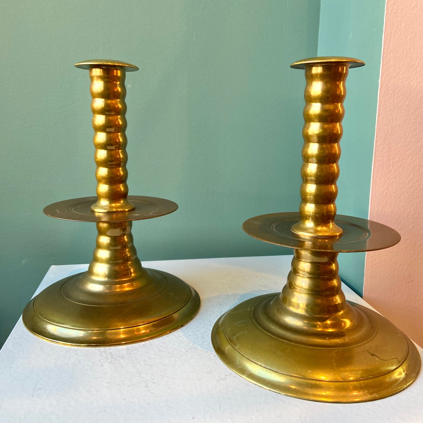Vintage Williamsburg Virginia Metalcrafters Brass Ribbed Candlestick Holders