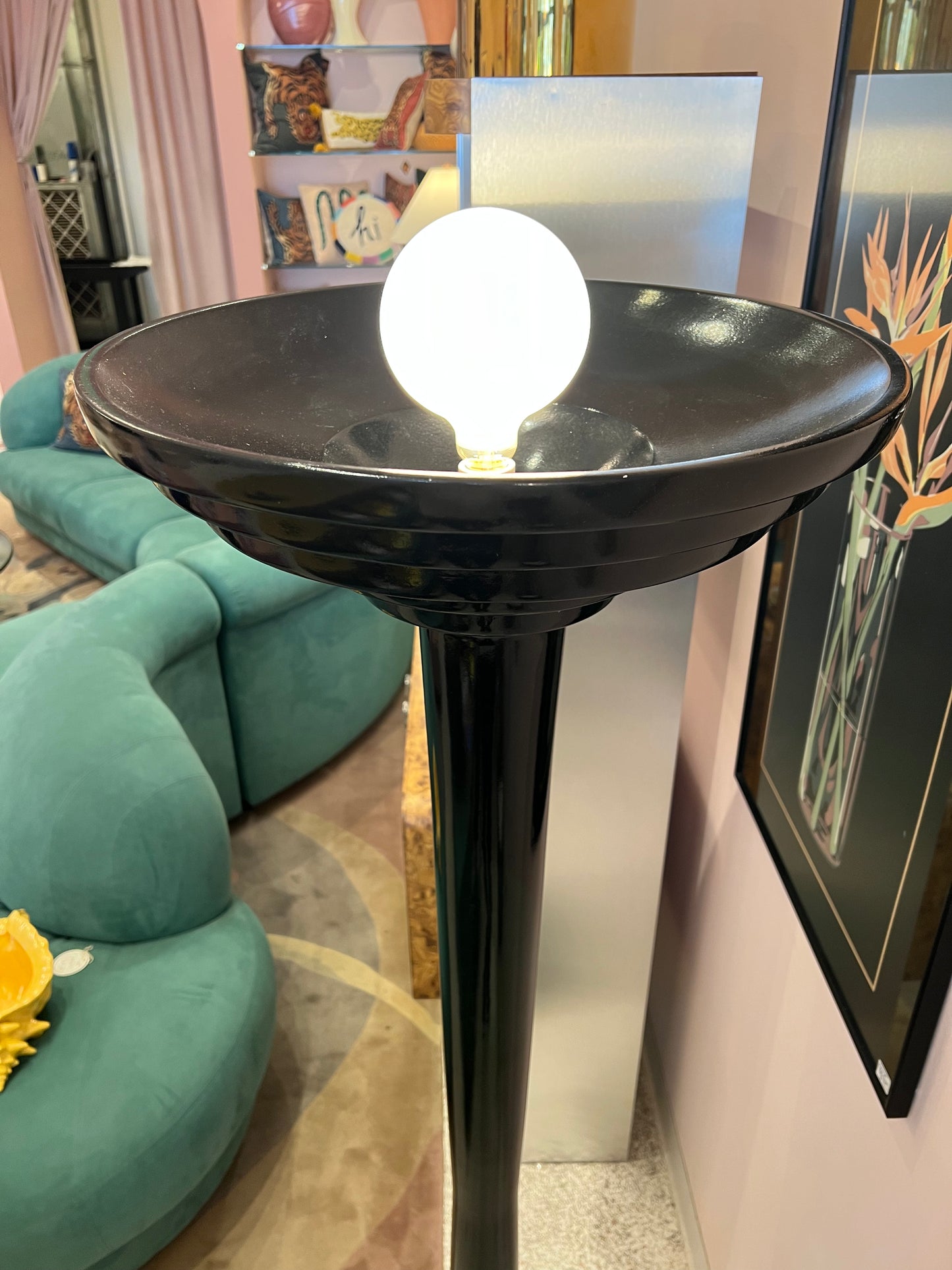 1980's Black Art Deco Style Stepped Torchiere Floor Lamp