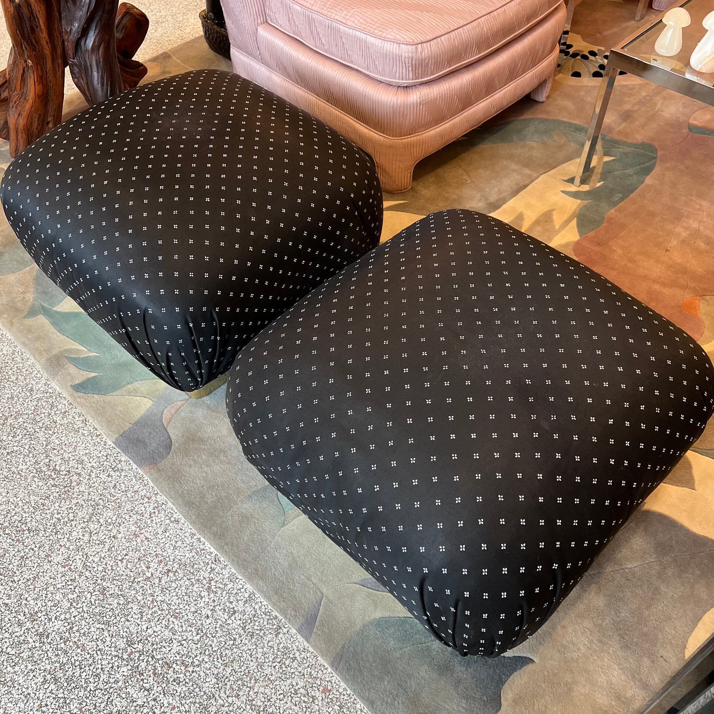 Vintage Pair of Marge Carson Style Black and White Ottoman with Brass Base