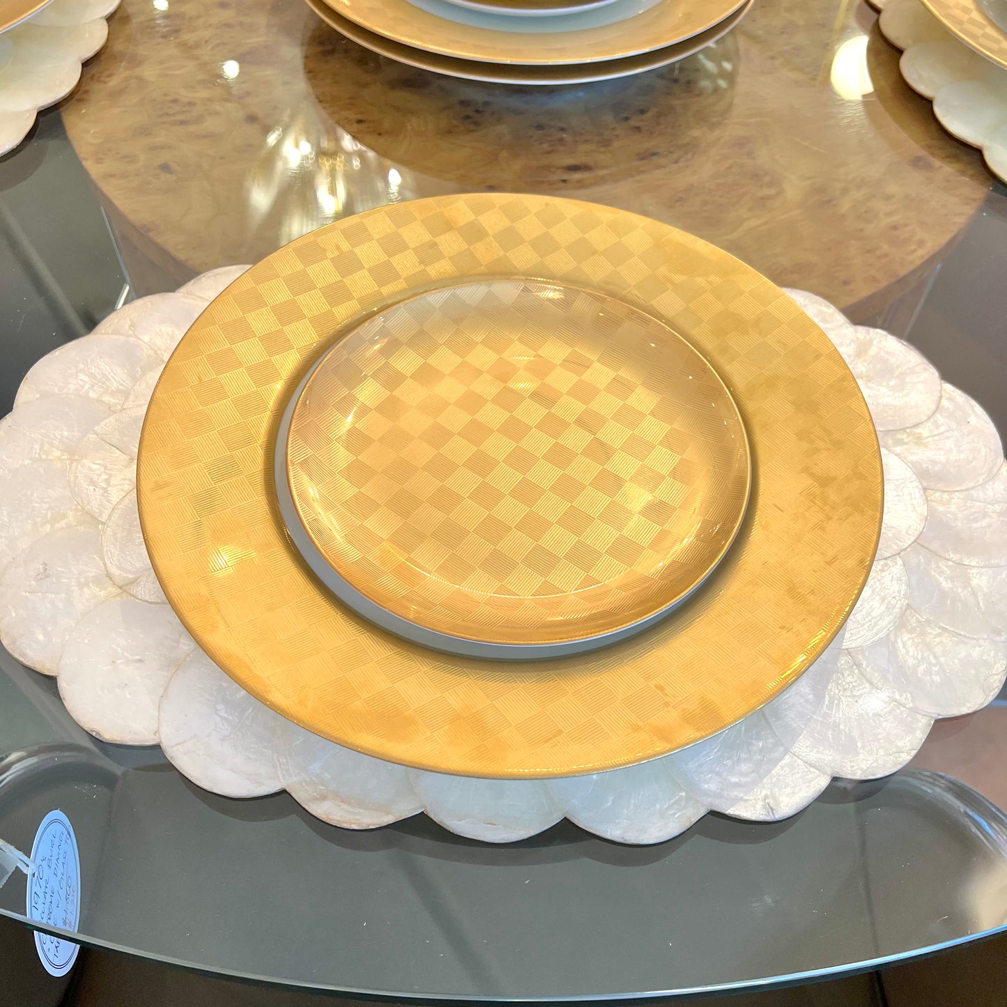 Vintage Fitz and Floyd Carre D'Or Gold Checkered Porcelain Dinner and Salad Plates - 12pc