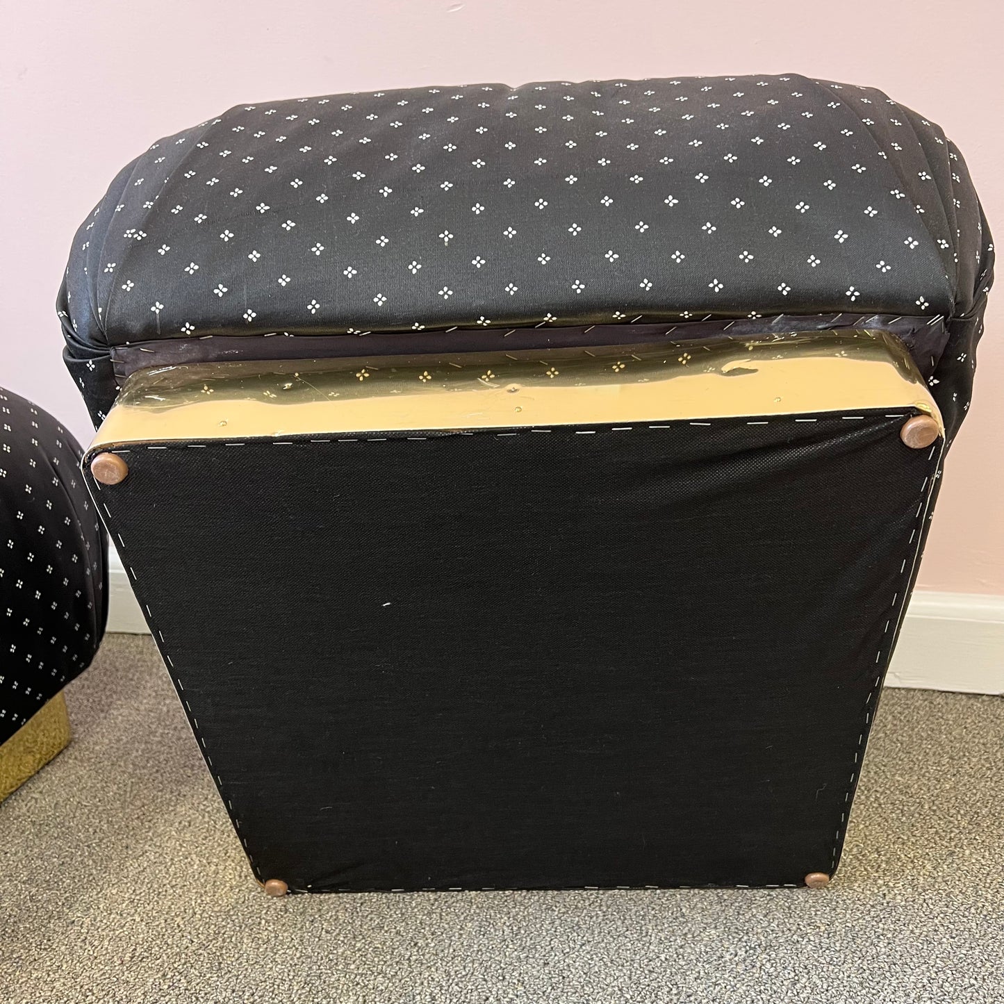 Vintage Pair of Marge Carson Style Black and White Ottoman with Brass Base