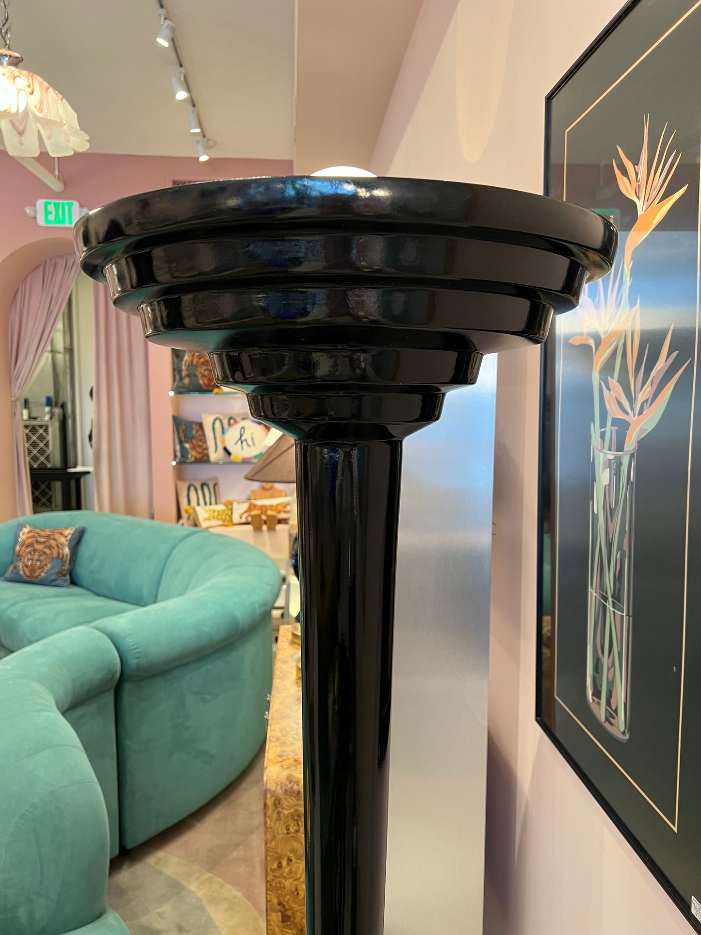 1980's Black Art Deco Style Stepped Torchiere Floor Lamp