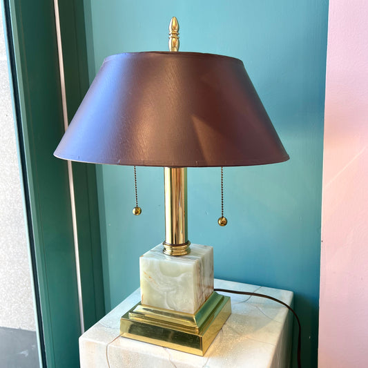 Vintage Brass and Onyx Stone Double Pull Table Lamp with Shade