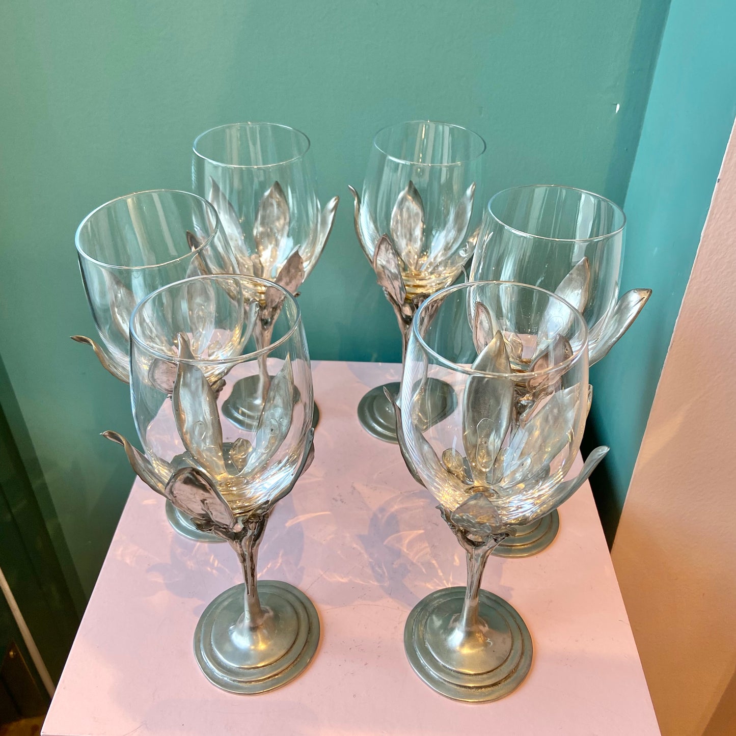 Set of 6 Castor Cooper Pewter Stem Wine Glasses