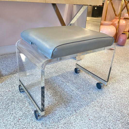 Vintage Lucite Stool With Grey Vinyl Seat