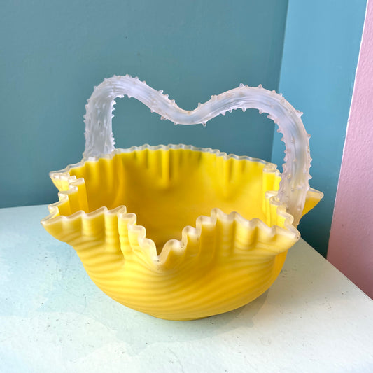 Vintage Yellow Ruffled Art Glass Basket