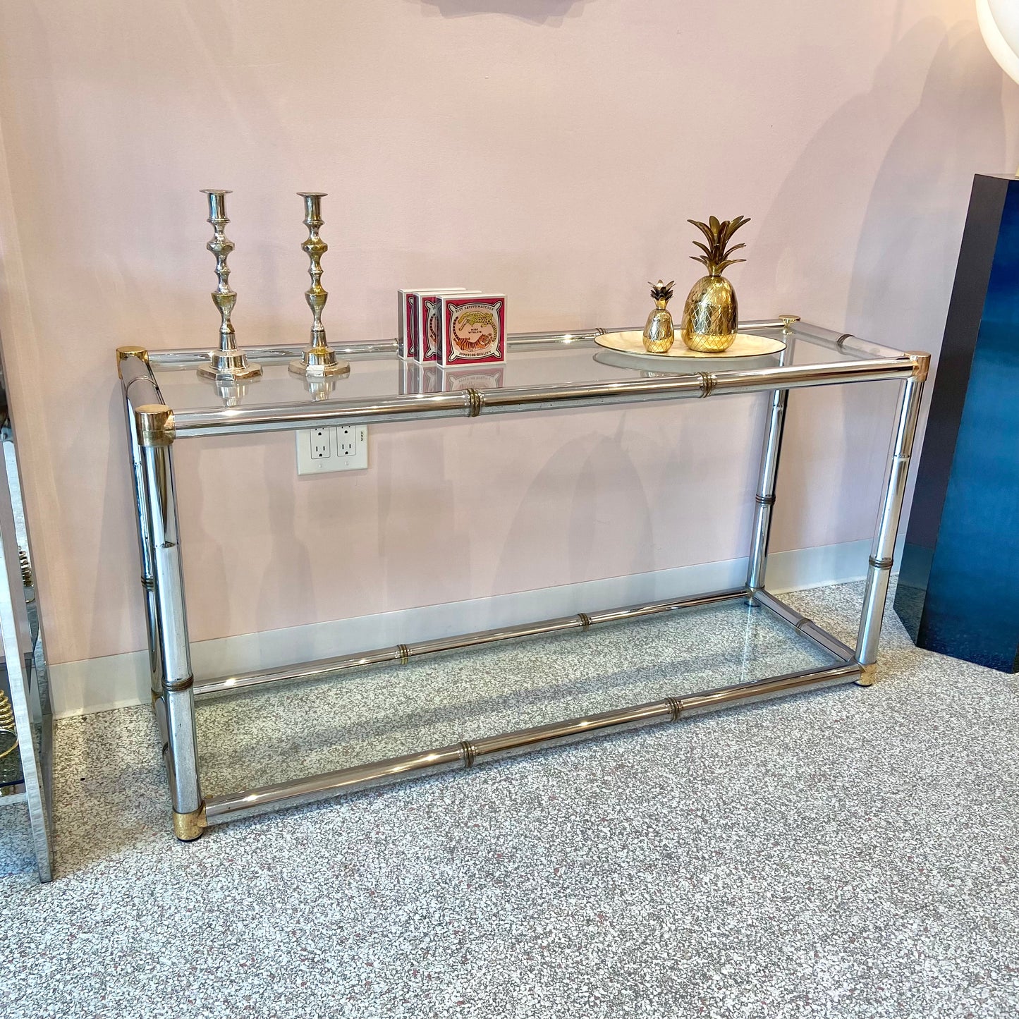 1980's Chrome and Brass Bamboo Console Table