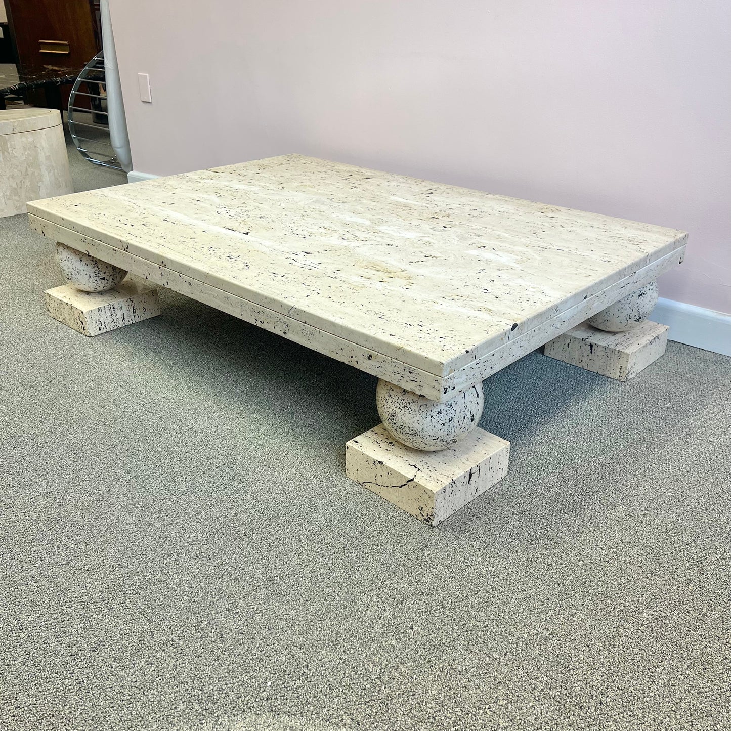 Vintage Travertine Ball Footed Coffee Table