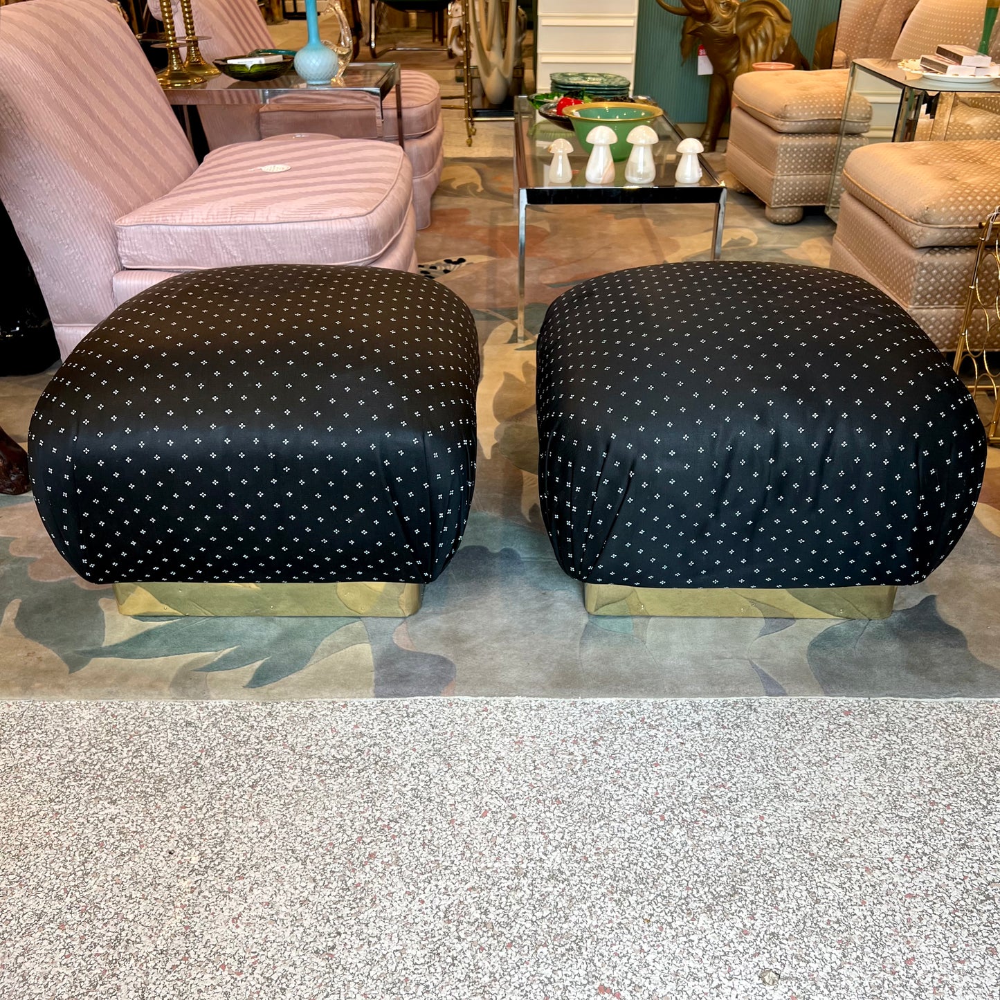 Vintage Pair of Marge Carson Style Black and White Ottoman with Brass Base