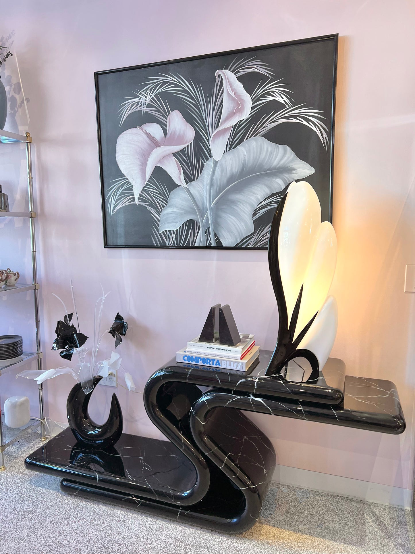 1980’s Black and White Large Postmodern Flower Lamp by Rougier