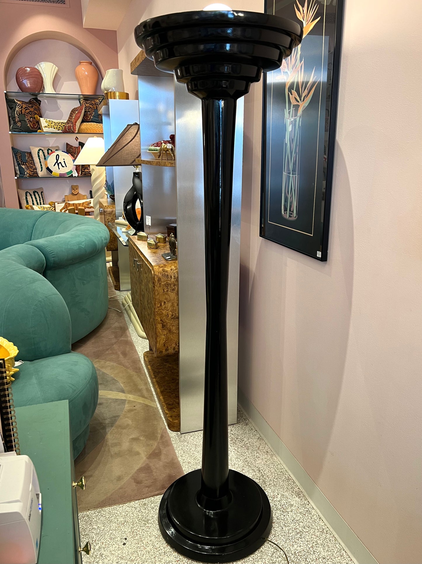 1980's Black Art Deco Style Stepped Torchiere Floor Lamp