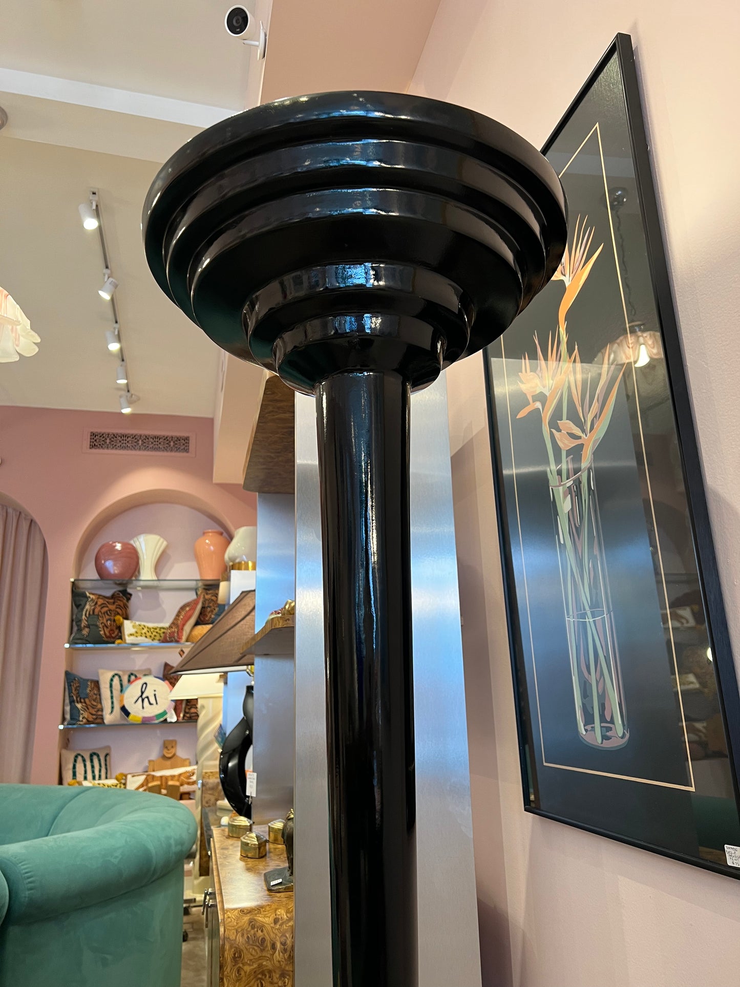 1980's Black Art Deco Style Stepped Torchiere Floor Lamp