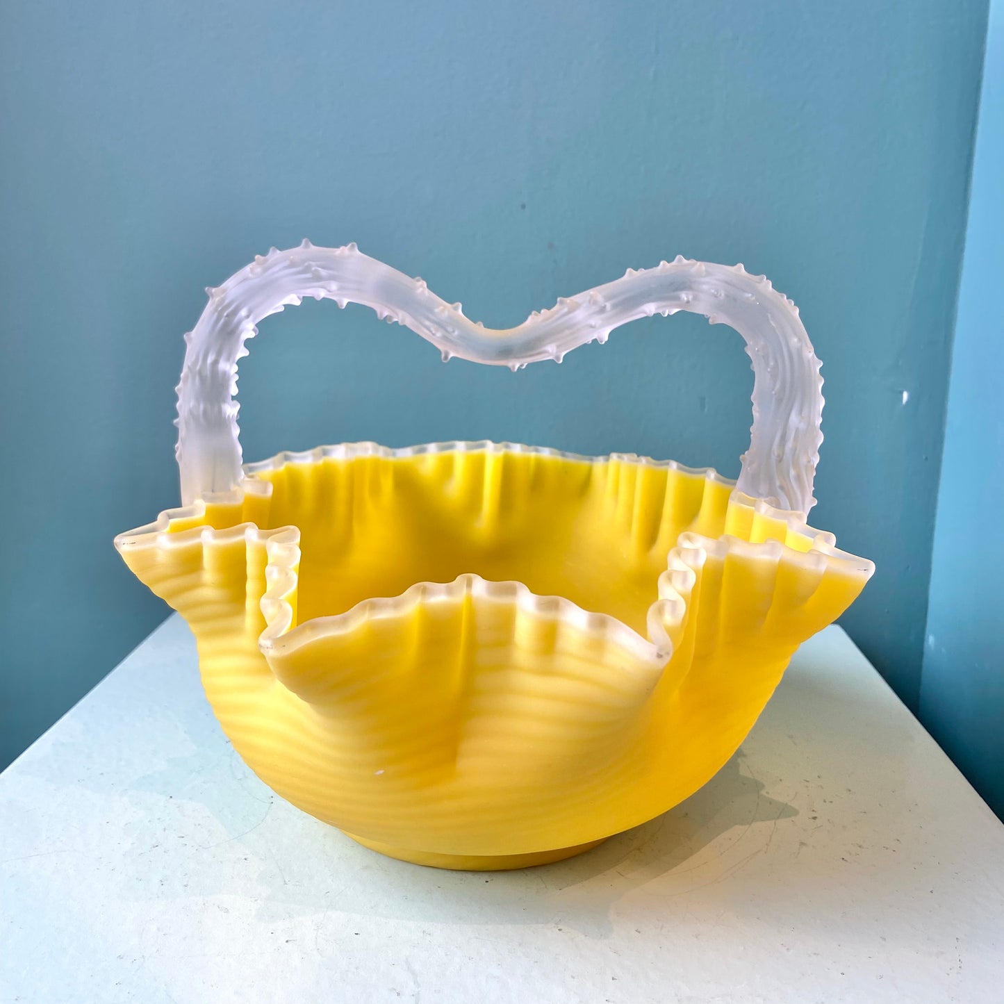 Vintage Yellow Ruffled Art Glass Basket