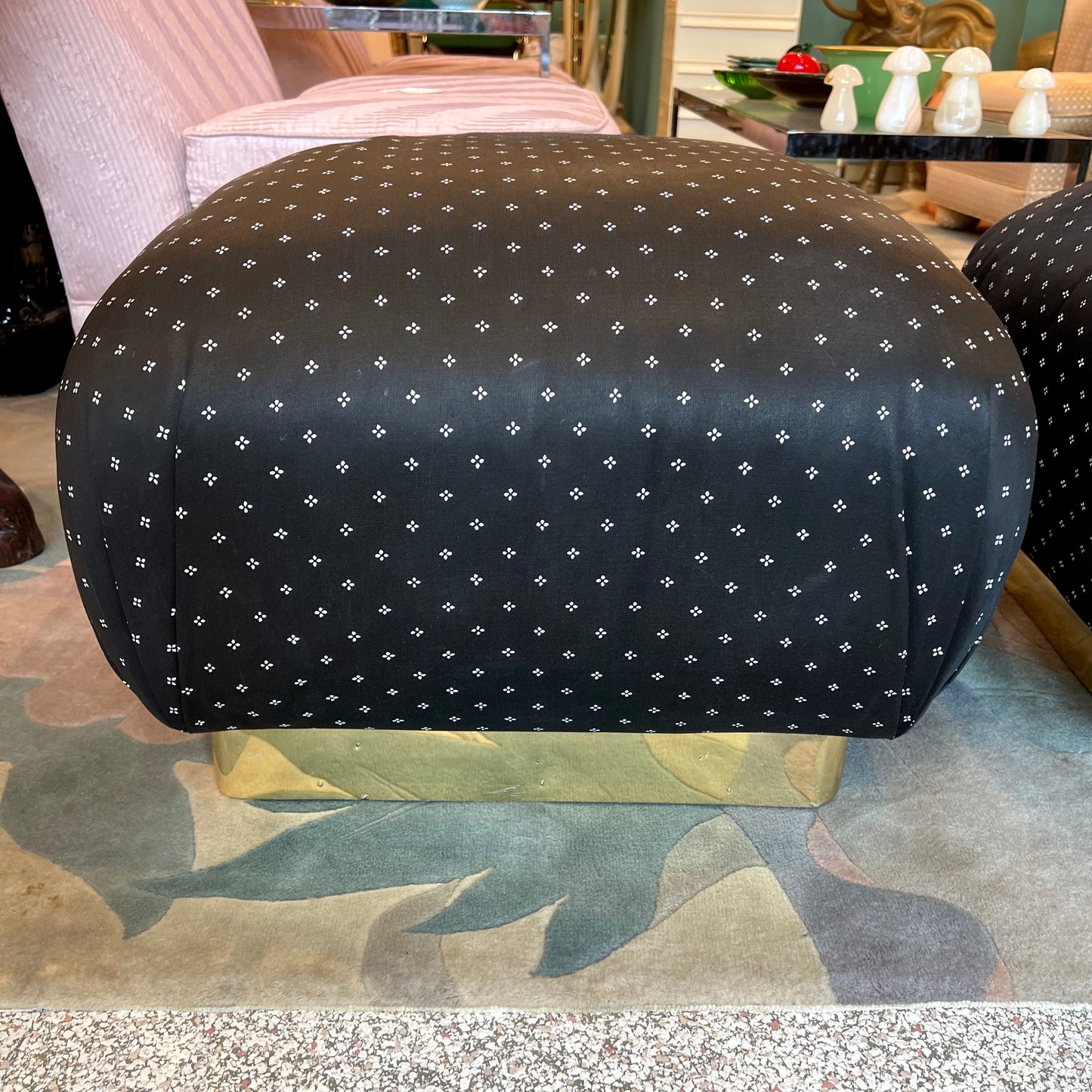 Vintage Pair of Marge Carson Style Black and White Ottoman with Brass Base