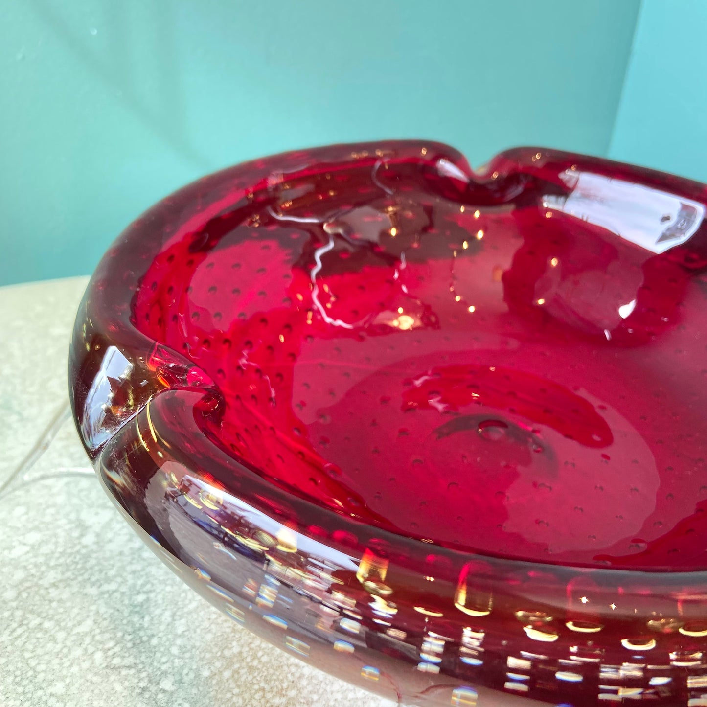 Large Vintage Garnet Bullicante Glass Ashtray